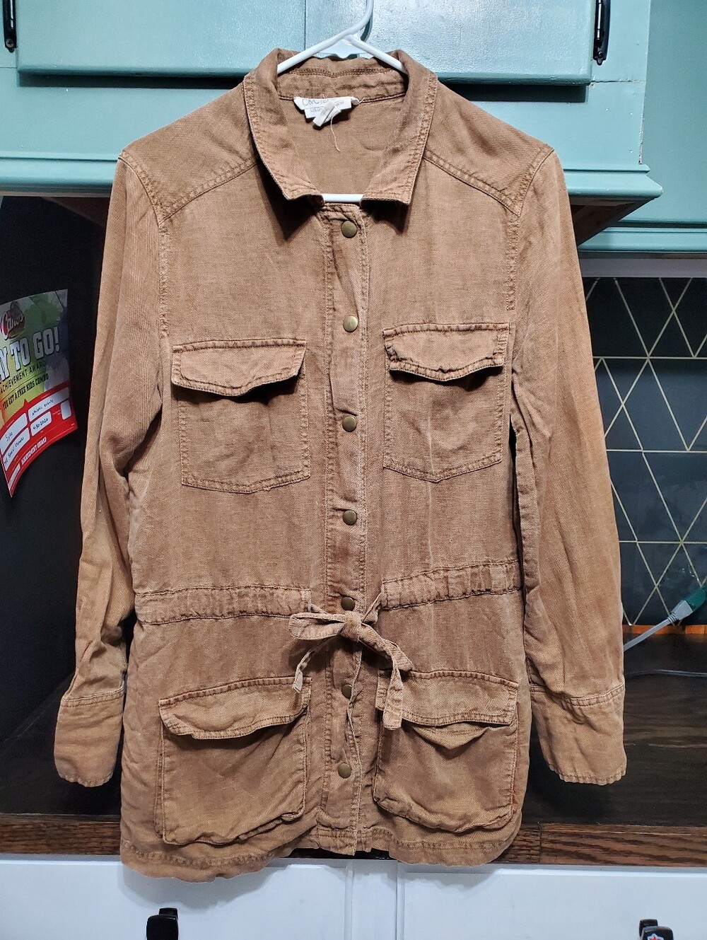 C&C California Linen Lyocell Utility Jacket Tan Camel Cargo Safari Size M